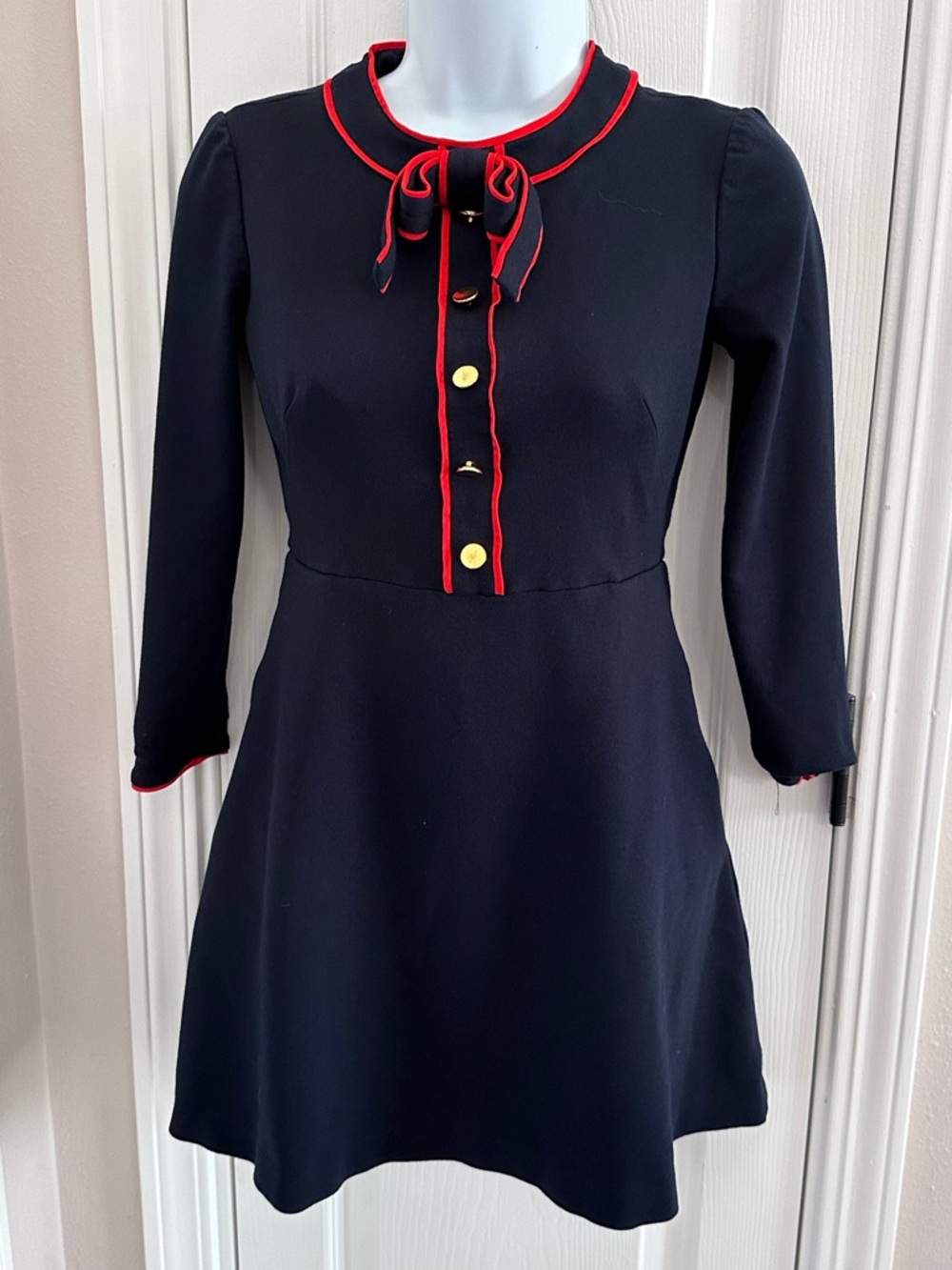 1901 Navy Long-Sleeve A-Line Dress with Red Trim and Gold Buttons
